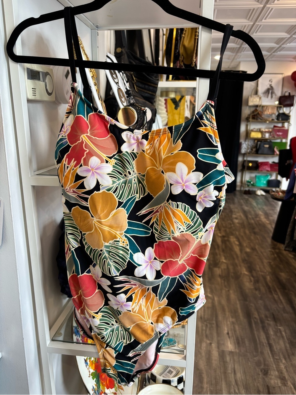 Hurley Black Floral One-Piece Swimsuit with Yellow & Coral Accents